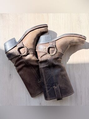 Frye Brown Leather Harness Cowboy Boots